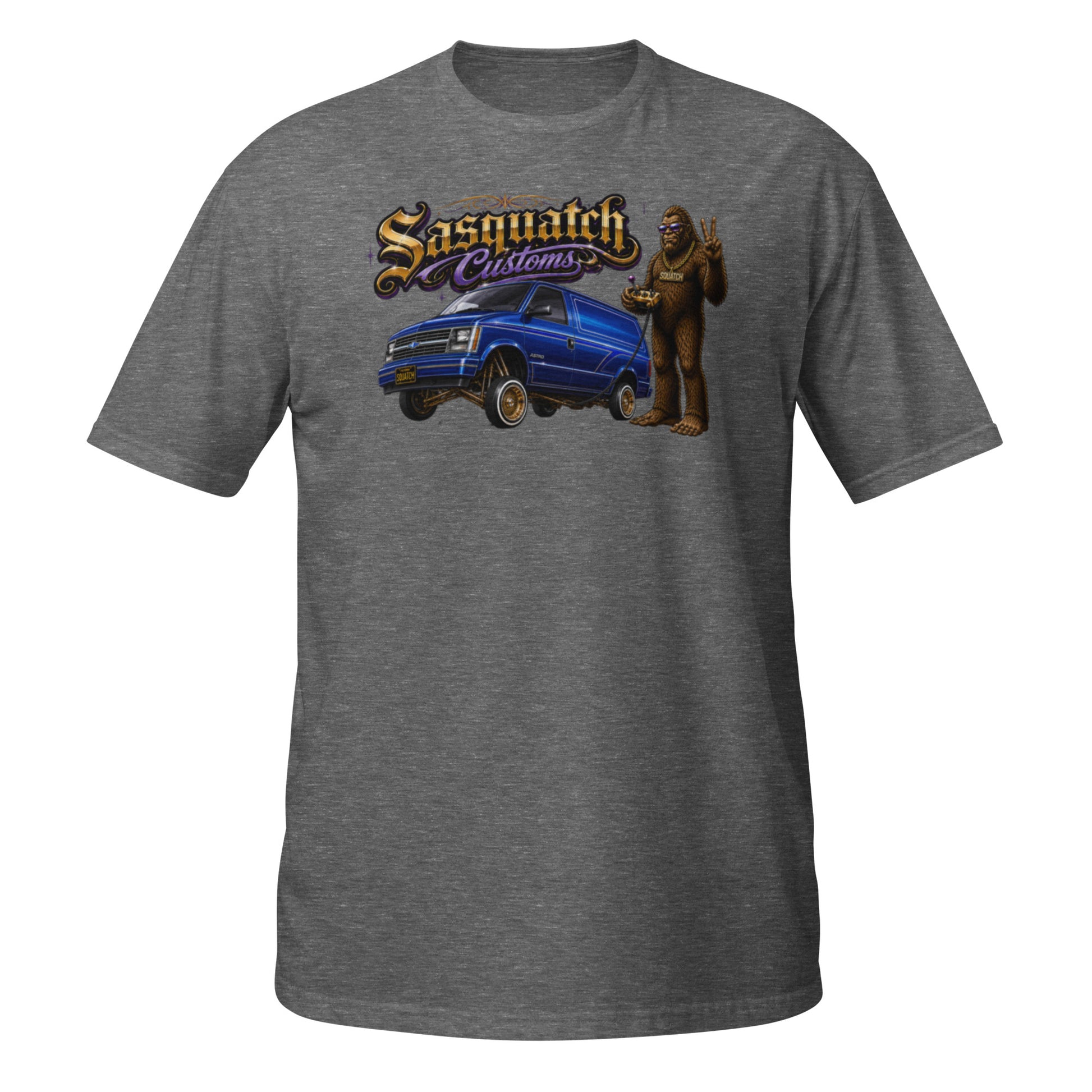 Sasquatch Customs Lowrider Series t-shirt — Bigfoot next to a slammed 1987 Chevy Astro Van with candy paint and gold Dayton wire wheels — funny Sasquatch lowrider van tee on graphite — Rod Shop Collective