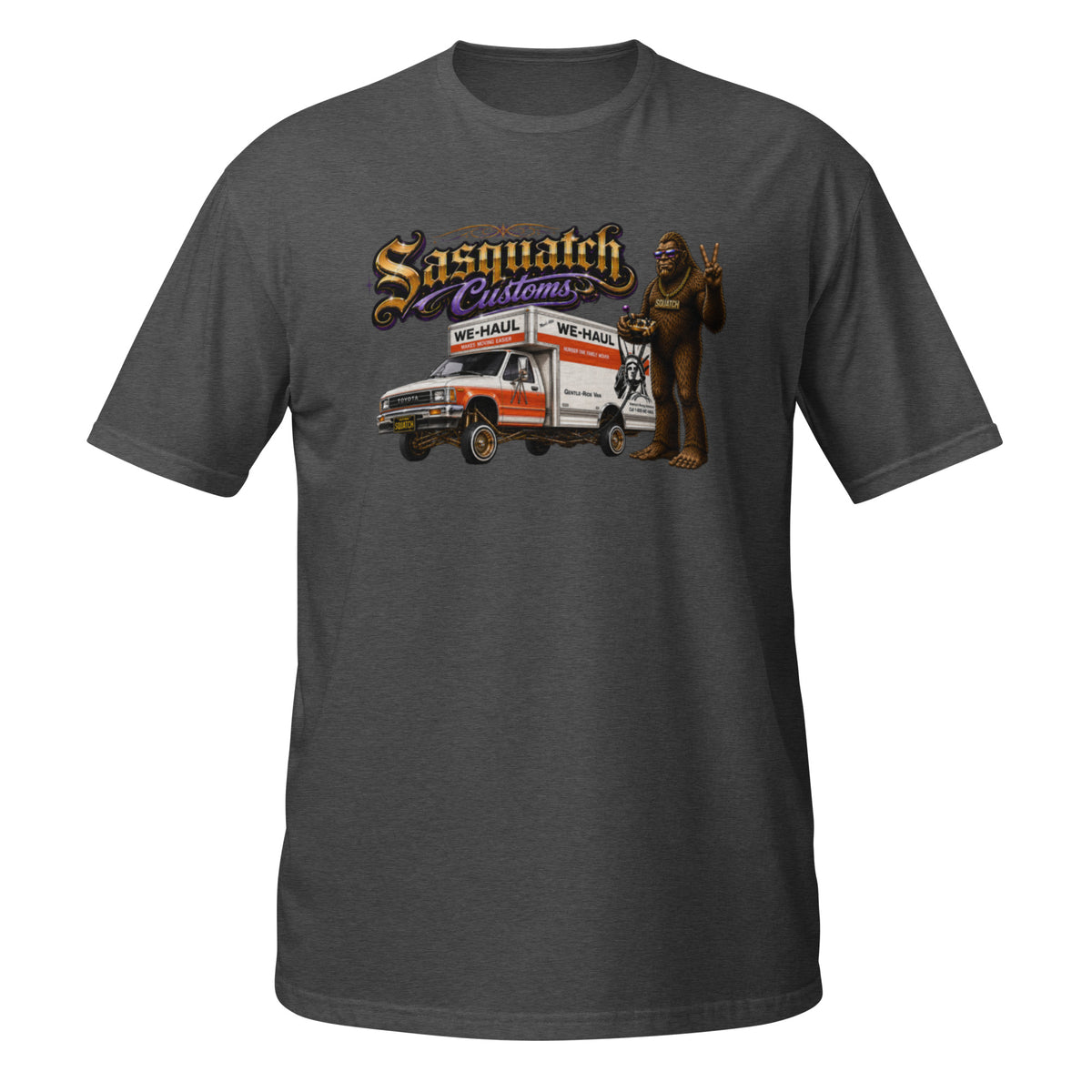 Sasquatch Customs Lowrider Series WE-HAUL Toyota box truck t-shirt back — funny Bigfoot U-Haul parody lowrider humor graphic on gray — Rod Shop Collective
