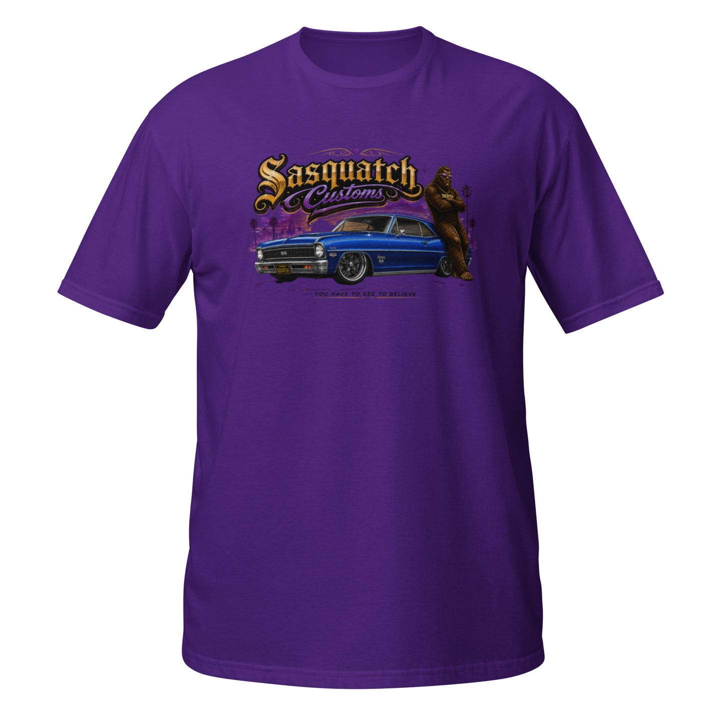 Sasquatch Customs Muscle Car Collection t-shirt — Bigfoot leaning on a marina blue 1967 Chevy Nova SS pro-touring build on Forgeline billet wheels in front of a city skyline with arms crossed — the car that started it all — funny Sasquatch muscle car tee on purple — Rod Shop Collective
