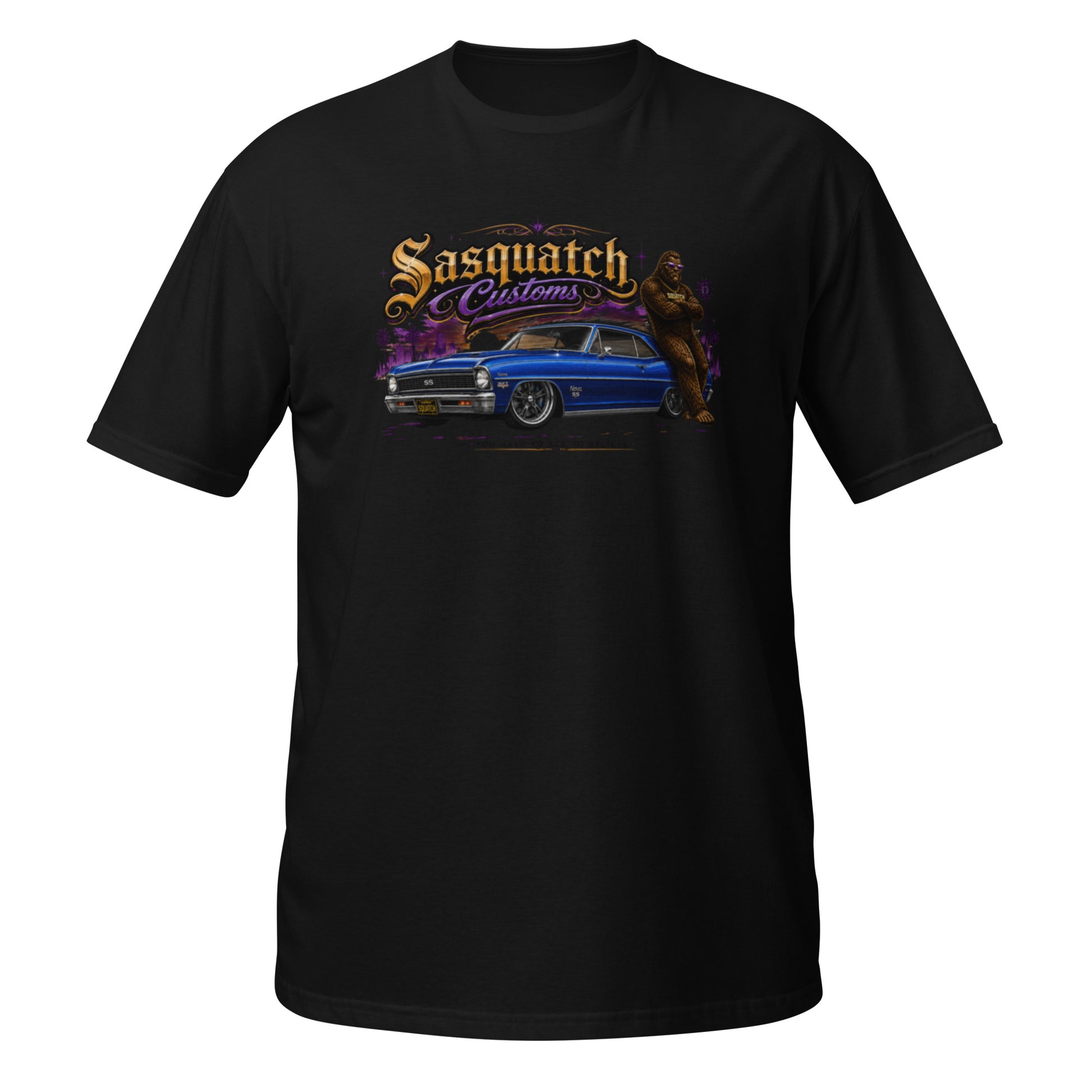 Sasquatch Customs Muscle Car Collection t-shirt — Bigfoot leaning on a marina blue 1967 Chevy Nova SS pro-touring build on Forgeline billet wheels in front of a city skyline with arms crossed — the car that started it all — funny Sasquatch muscle car tee on black — Rod Shop Collective