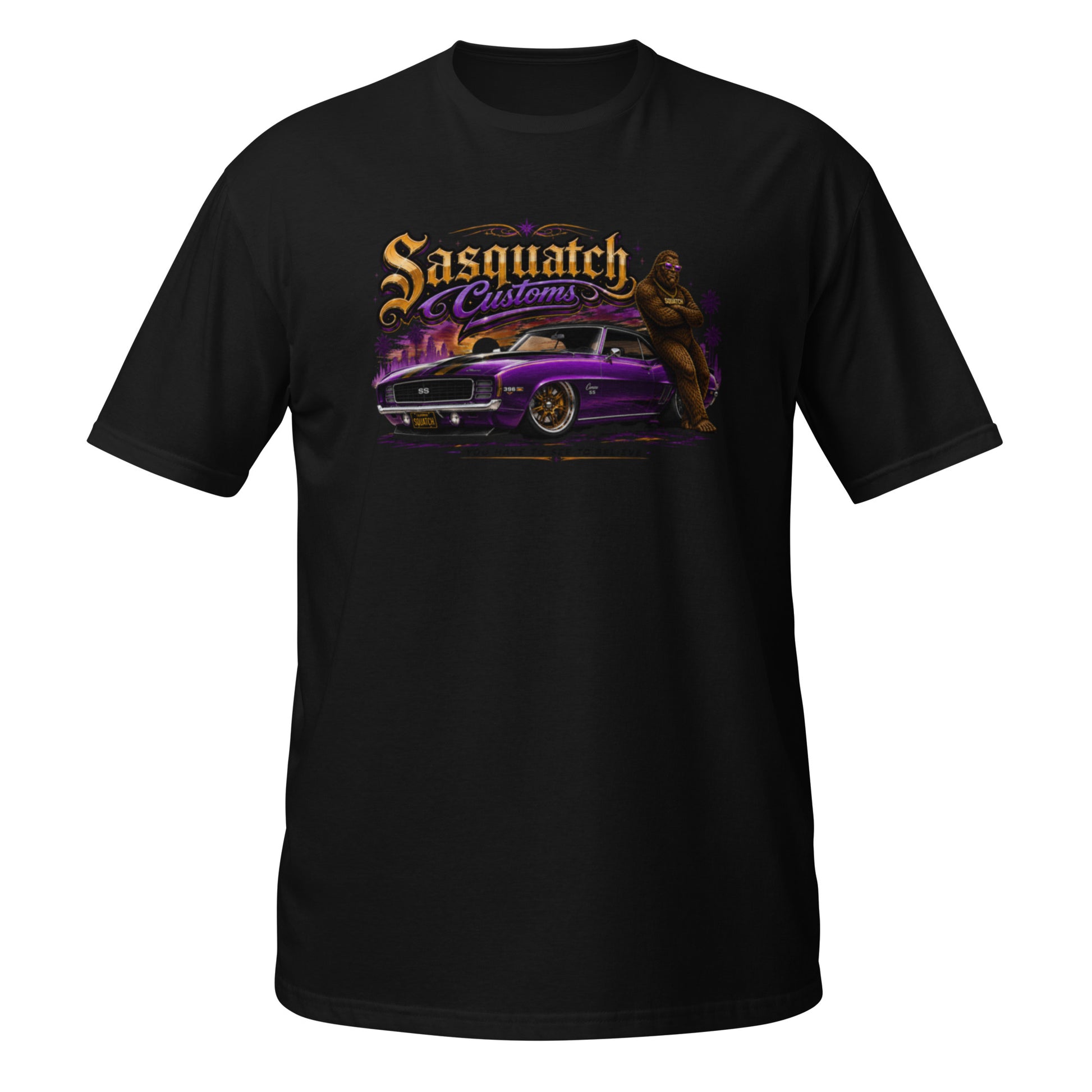Sasquatch Customs Muscle Car Collection t-shirt — Bigfoot leaning on a purple 1969 Camaro pro-touring build on Forgeline billet wheels in front of a city skyline with arms crossed — funny Sasquatch muscle car tee on black — Rod Shop Collective