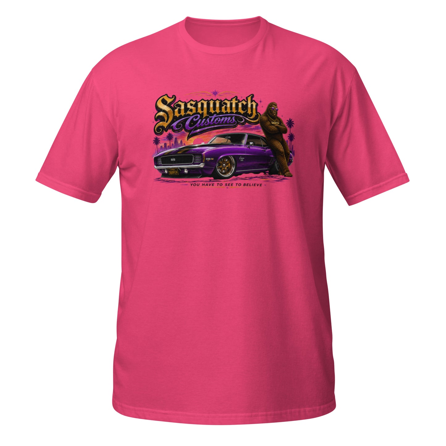 Sasquatch Customs Muscle Car Collection t-shirt — Bigfoot leaning on a purple 1969 Camaro pro-touring build on Forgeline billet wheels in front of a city skyline with arms crossed — funny Sasquatch muscle car tee on pink — Rod Shop Collective