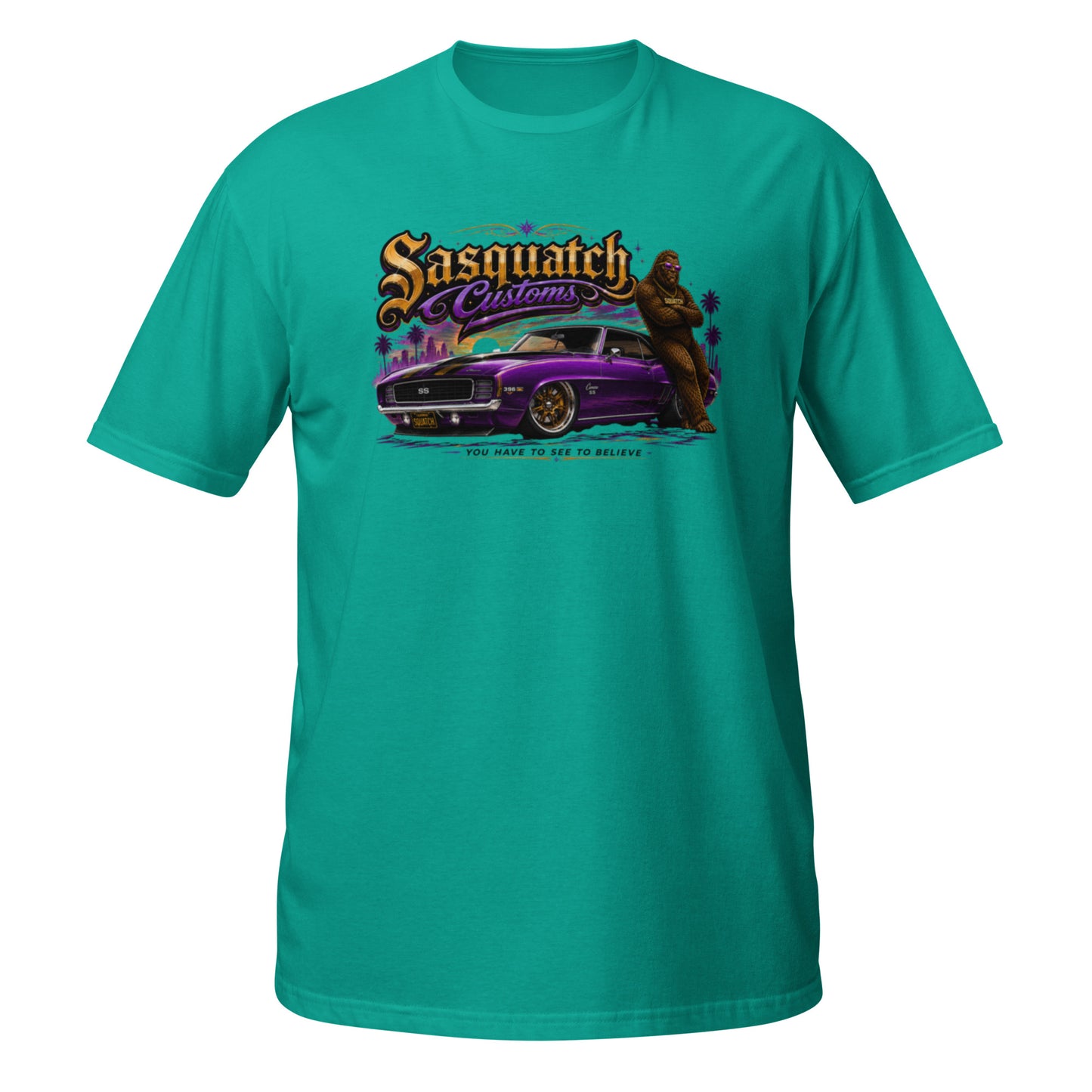 Sasquatch Customs Muscle Car Collection t-shirt — Bigfoot leaning on a purple 1969 Camaro pro-touring build on Forgeline billet wheels in front of a city skyline with arms crossed — funny Sasquatch muscle car tee on teal — Rod Shop Collective