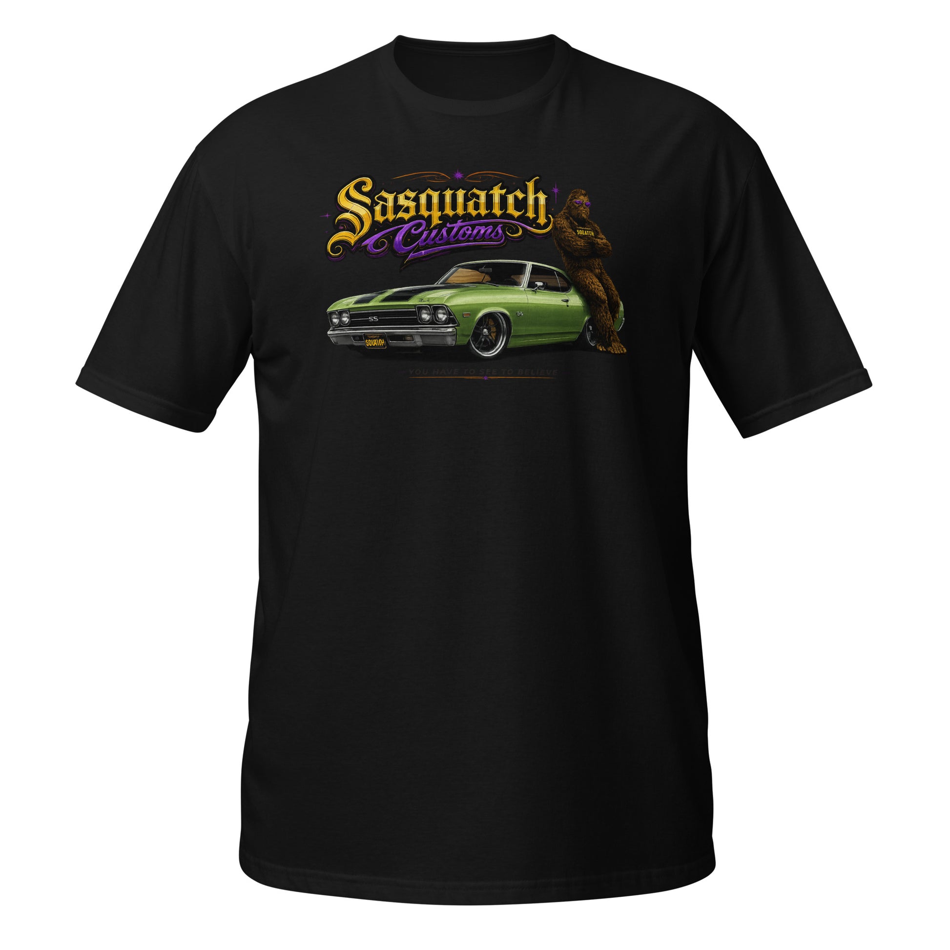 Sasquatch Customs Muscle Car Collection t-shirt — Bigfoot leaning on a green 1970 Chevelle SS pro-touring build with black SS stripes and arms crossed — funny Sasquatch muscle car tee on black — Rod Shop Collective