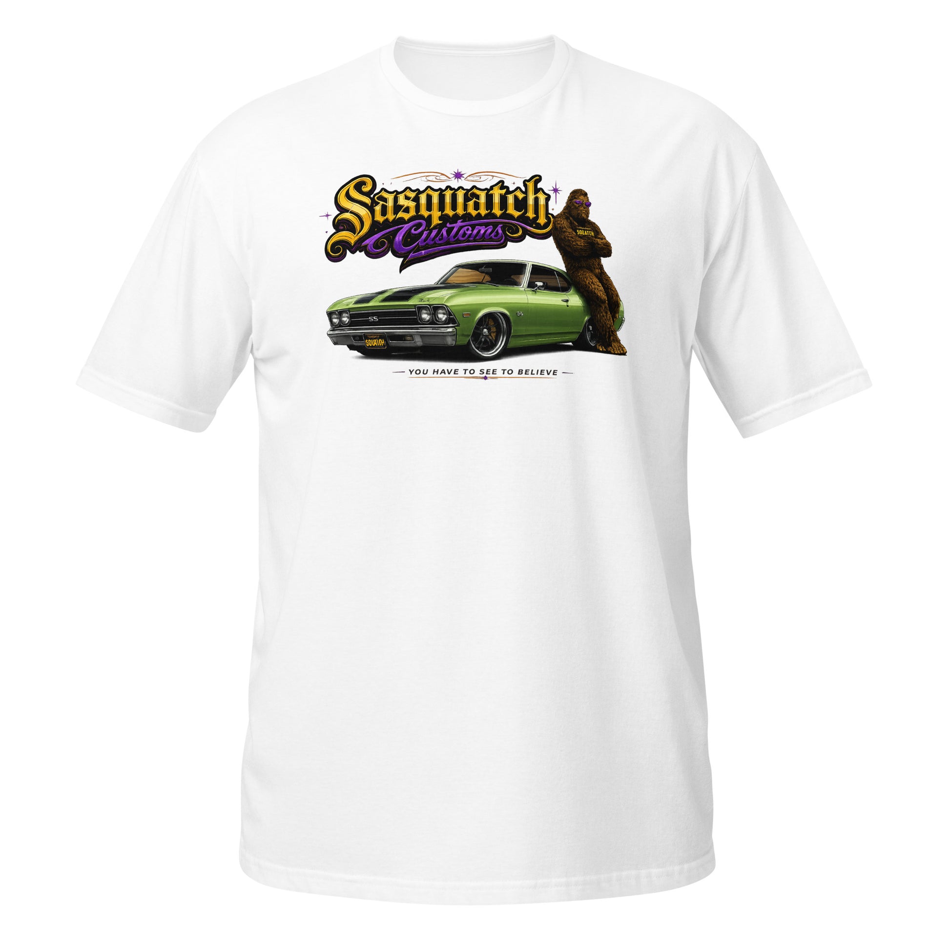 Sasquatch Customs Muscle Car Collection t-shirt — Bigfoot leaning on a green 1970 Chevelle SS pro-touring build with black SS stripes and arms crossed — funny Sasquatch muscle car tee on white — Rod Shop Collective