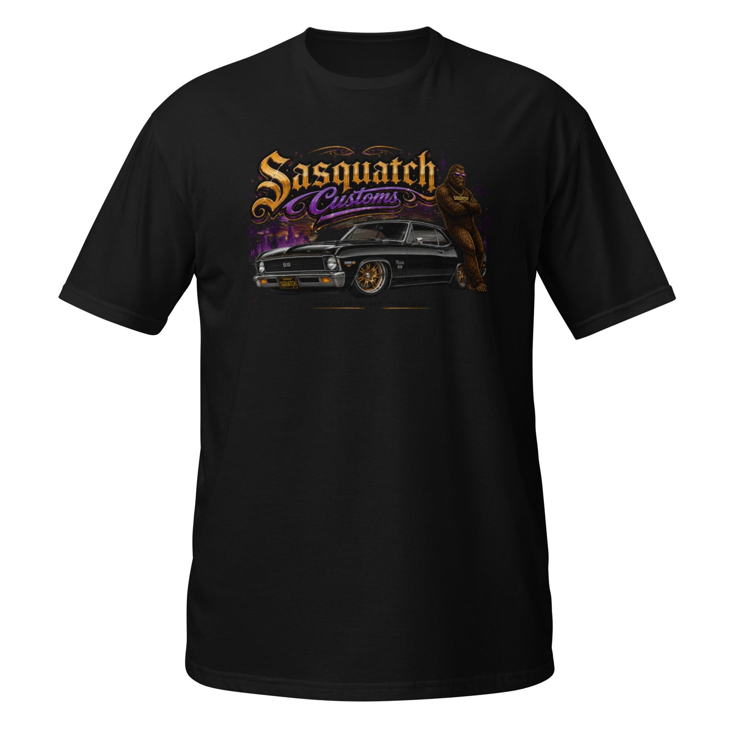 Sasquatch Customs Muscle Car Collection t-shirt — Bigfoot leaning on a black 1970 Chevy Nova pro-touring build on Forgeline billet wheels in front of a city skyline with arms crossed — funny Sasquatch muscle car tee on black — Rod Shop Collective