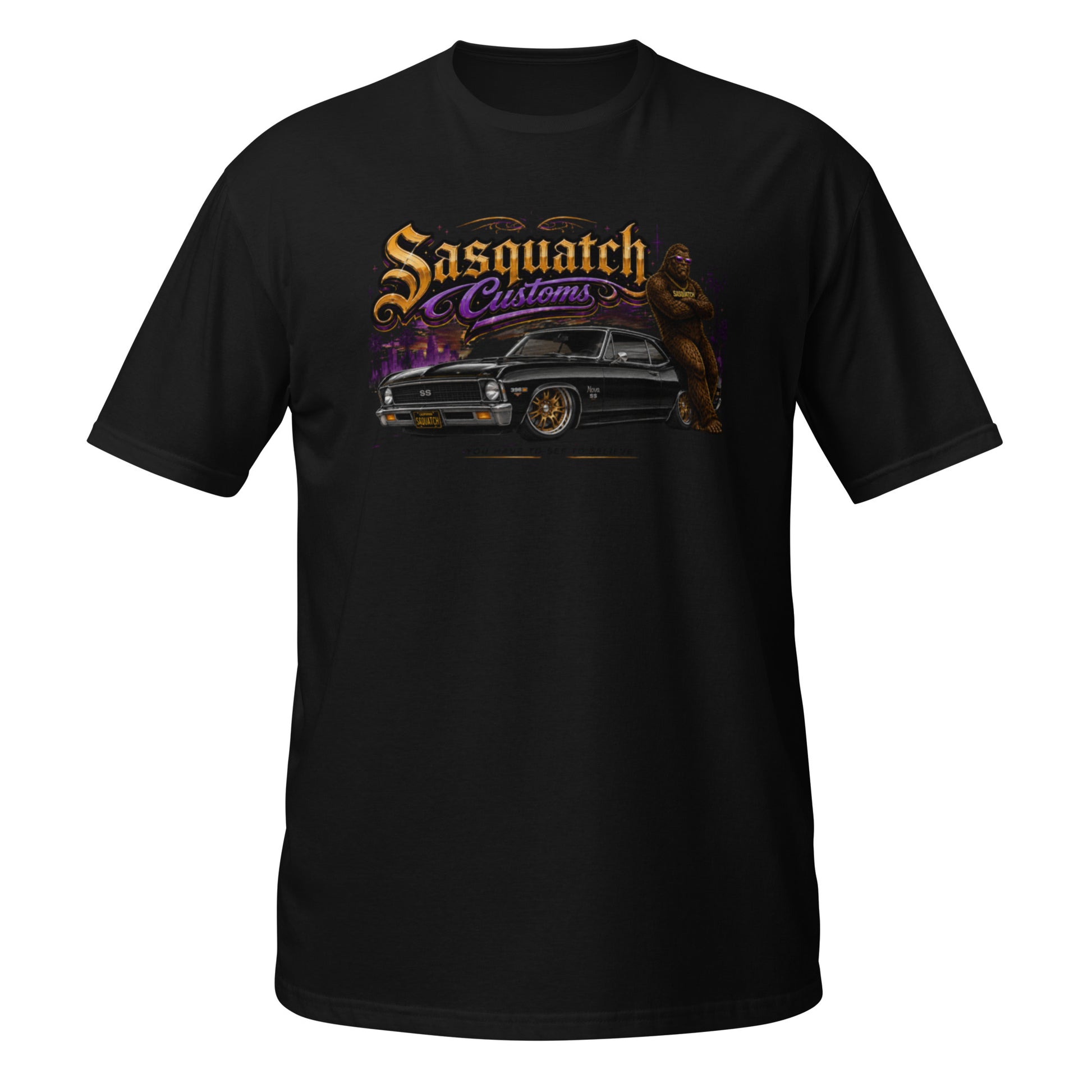 Sasquatch Customs Muscle Car Collection t-shirt — Bigfoot leaning on a black 1970 Chevy Nova pro-touring build on Forgeline billet wheels in front of a city skyline with arms crossed — funny Sasquatch muscle car tee on black — Rod Shop Collective