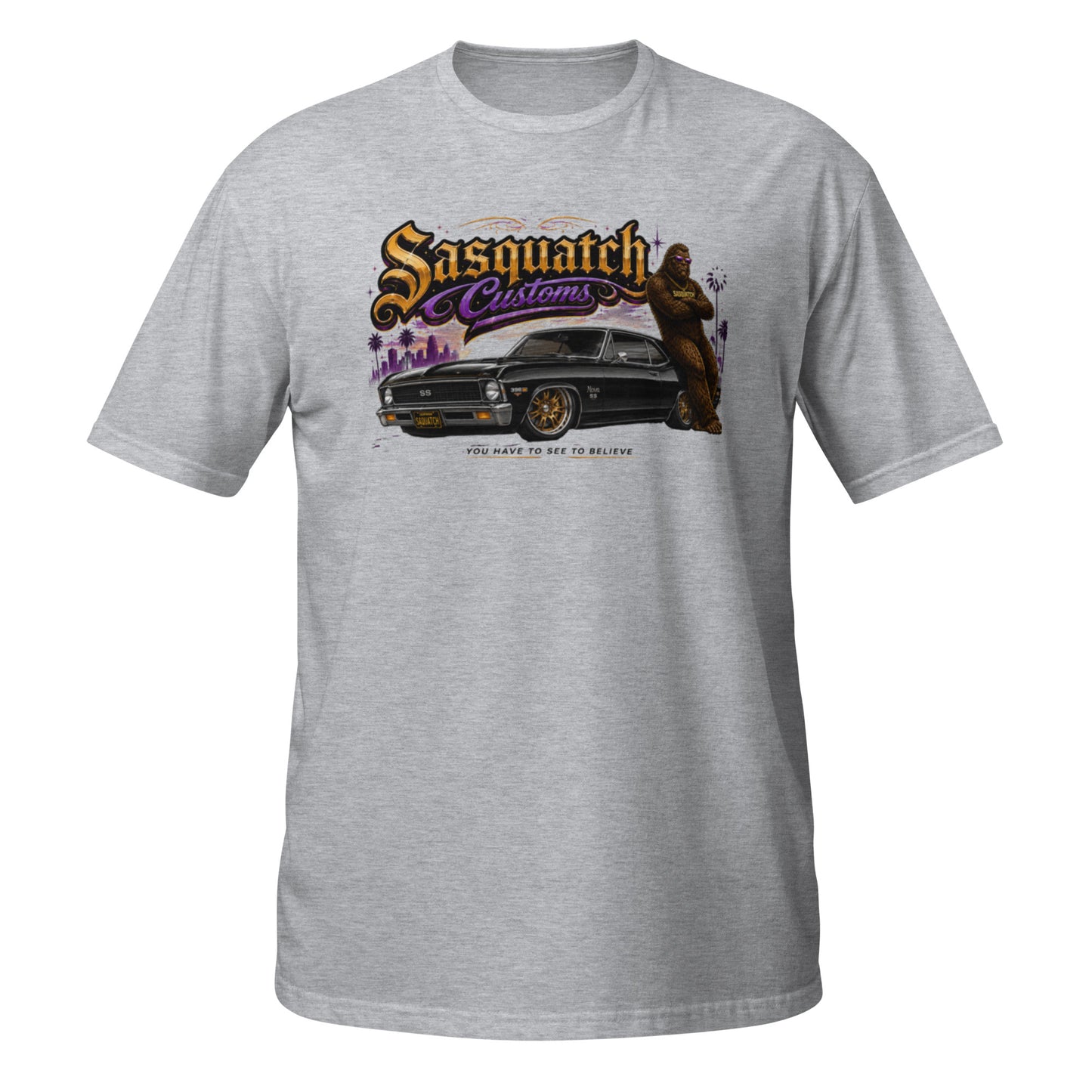 Sasquatch Customs Muscle Car Collection t-shirt — Bigfoot leaning on a black 1970 Chevy Nova pro-touring build on Forgeline billet wheels in front of a city skyline with arms crossed — funny Sasquatch muscle car tee on sport grey — Rod Shop Collective
