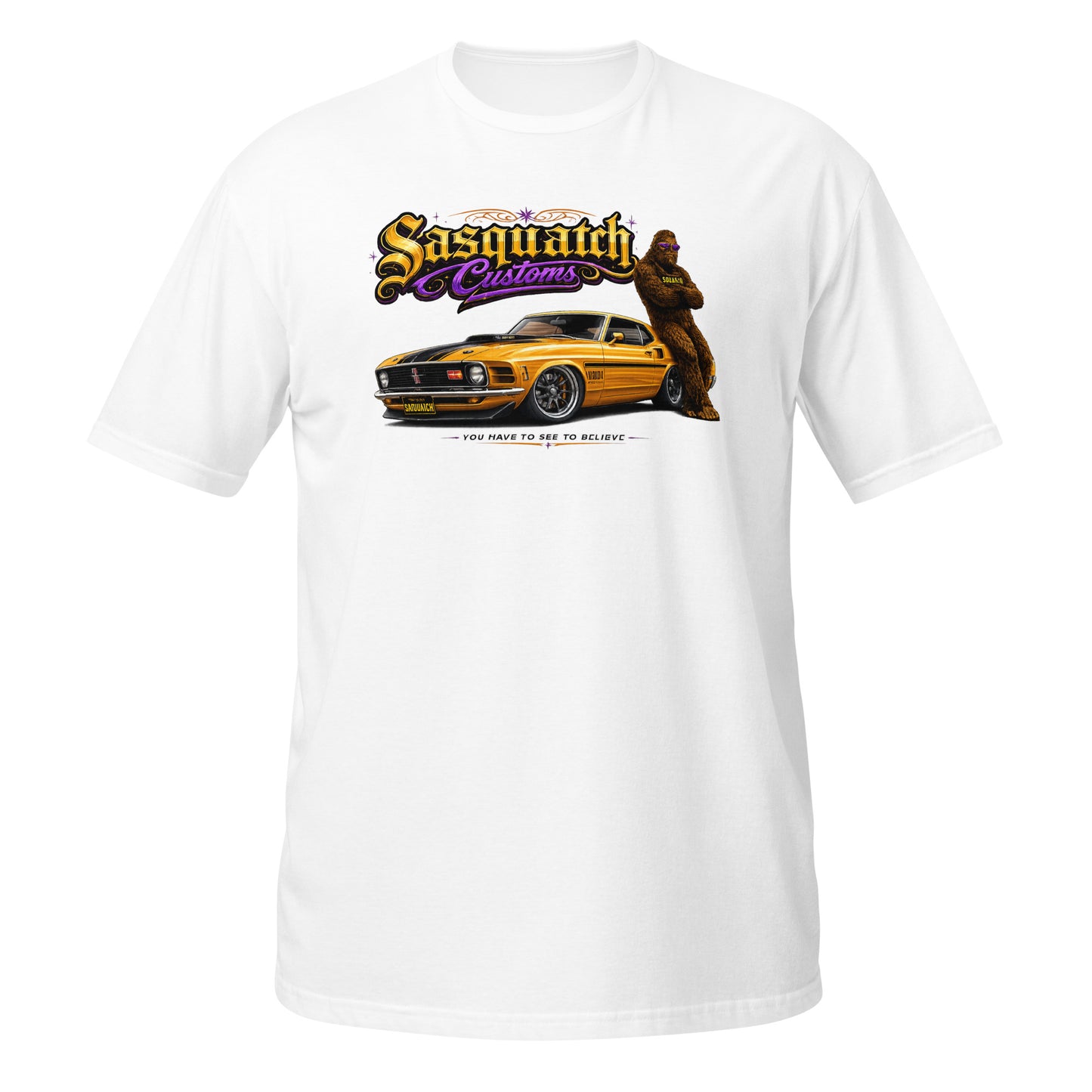 Sasquatch Customs Muscle Car Collection t-shirt — Bigfoot leaning on a 1970 Mustang Mach 1 pro-touring build on billet wheels with arms crossed — funny Sasquatch muscle car tee on white — Rod Shop Collective