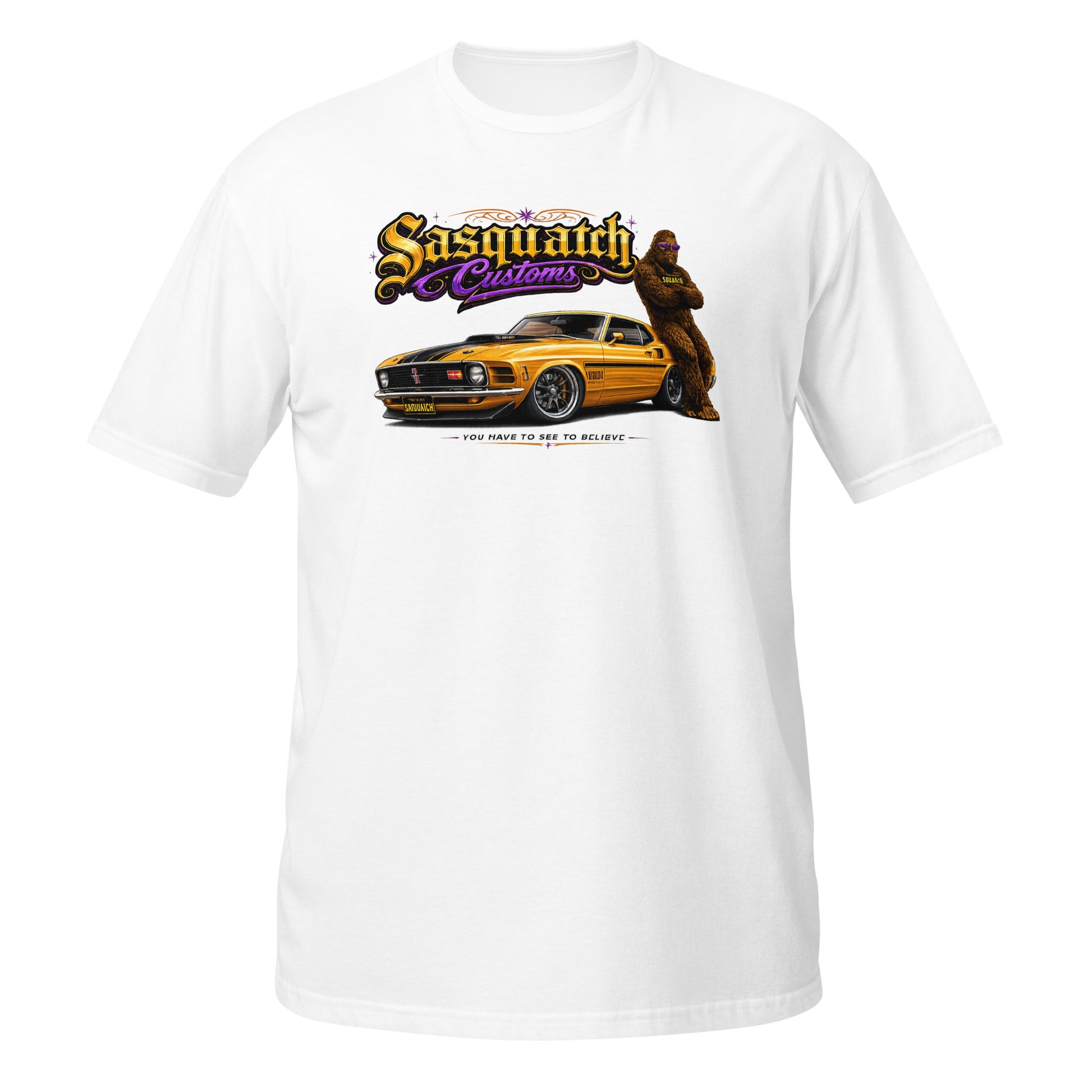 Sasquatch Customs Muscle Car Collection t-shirt — Bigfoot leaning on a 1970 Mustang Mach 1 pro-touring build on billet wheels with arms crossed — funny Sasquatch muscle car tee on white — Rod Shop Collective