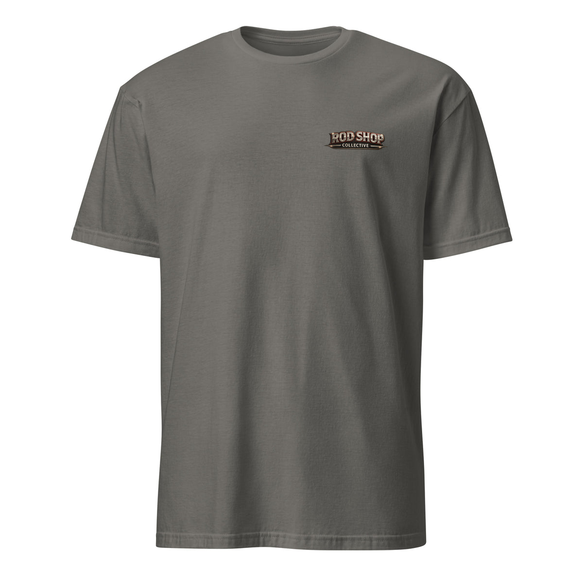Shiny Paint Causes Stress t-shirt — funny auto body technician and patina car humor tee on charcoal front pocket design — Rod Shop Collective — Louisville, Kentucky