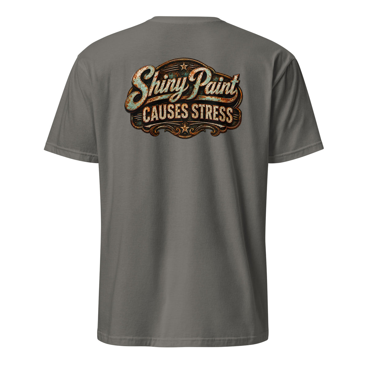 Shiny Paint Causes Stress t-shirt — funny auto body technician and patina car humor tee on charcoal — Rod Shop Collective — Louisville, Kentucky