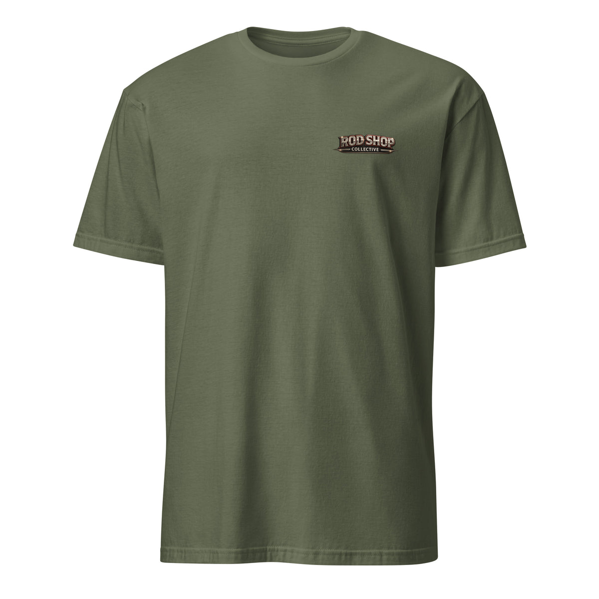 Shiny Paint Causes Stress t-shirt — funny auto body technician and patina car humor tee on military green front pocket design — Rod Shop Collective — Louisville, Kentucky