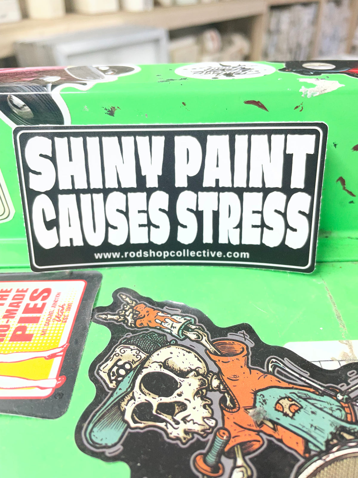 Shiny Paint Causes Stress die cut vinyl sticker on toolbox