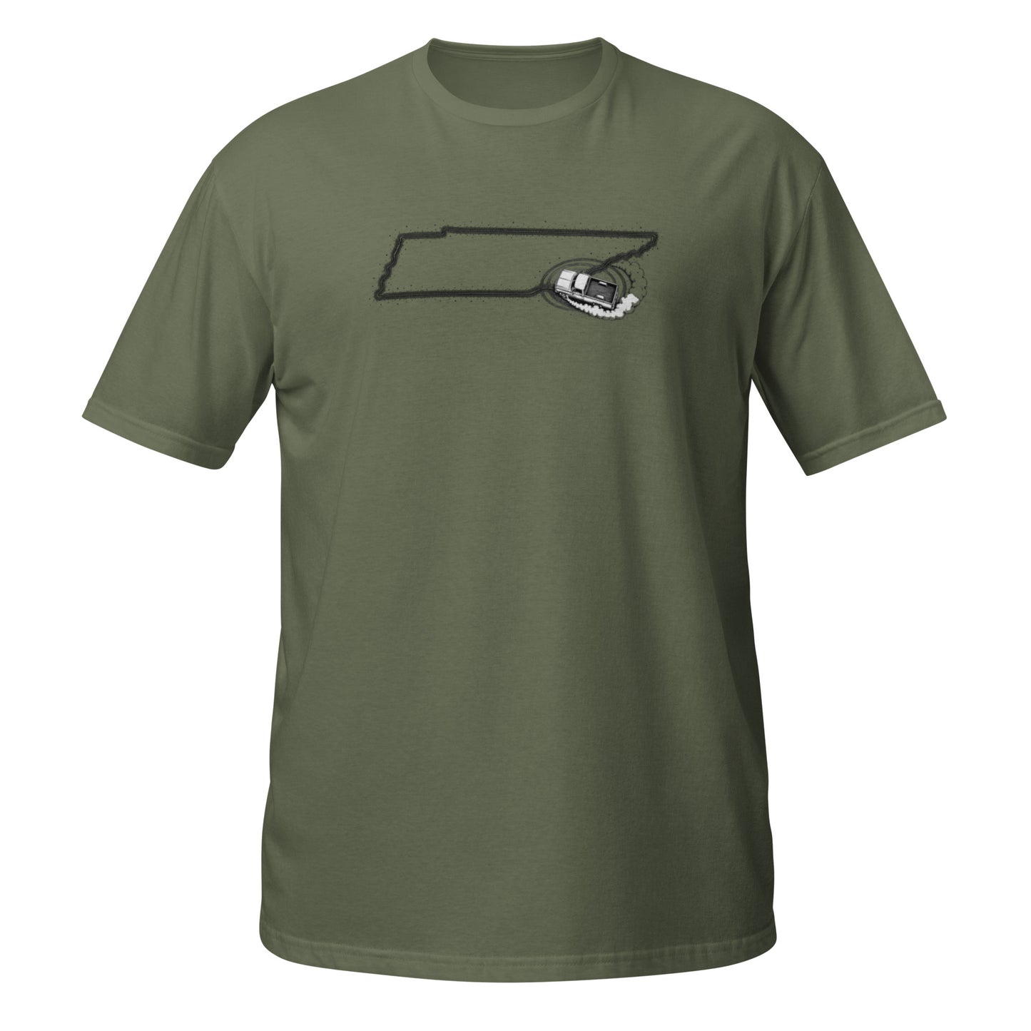 Tennessee State of Burnout t-shirt — Chevy C10 burnout in the shape of Tennessee — premium black tee — State of Burnout collection by Rod Shop Collective