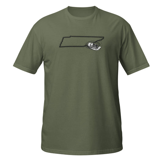 Tennessee State of Burnout t-shirt — Chevy C10 burnout in the shape of Tennessee — premium black tee — State of Burnout collection by Rod Shop Collective