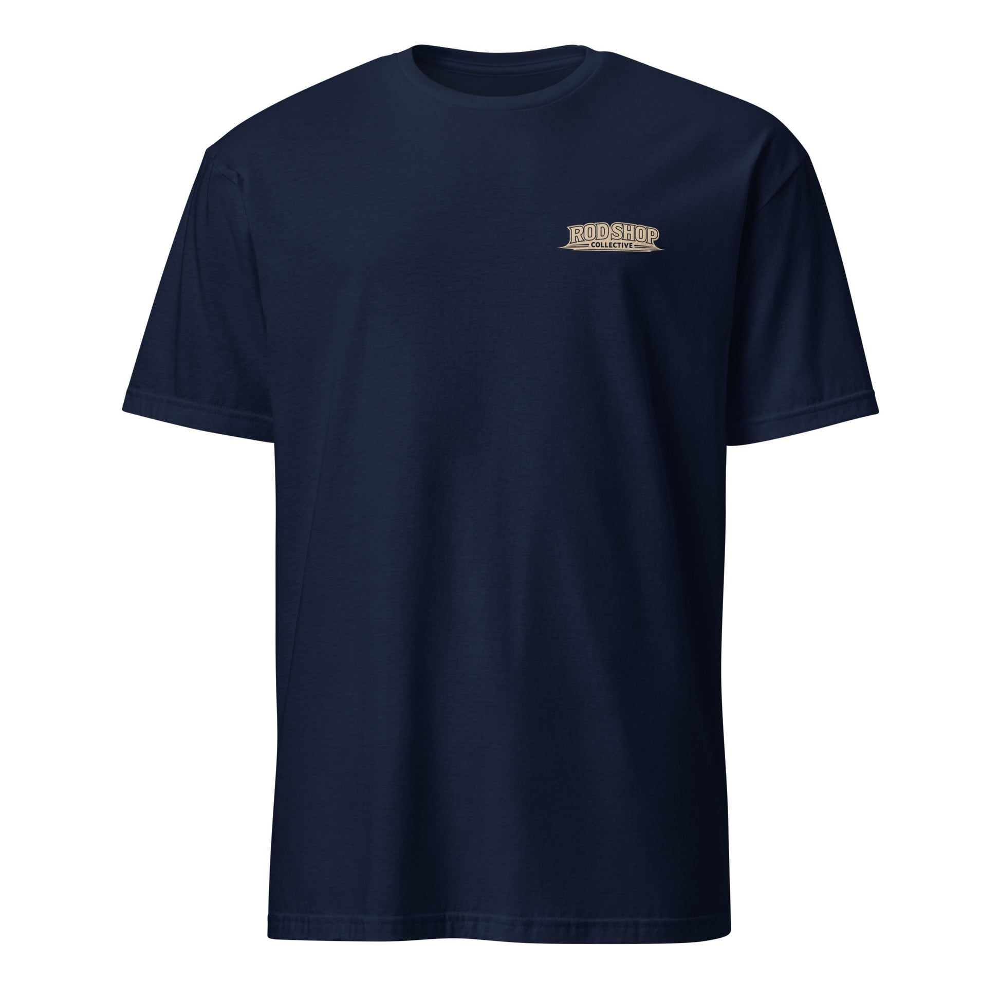 The Ridge Park Terror t-shirt — vintage badge illustration of a bare metal chopped and channeled 1930 Ford Model A coupe — navy blue Gildan tee — The Trademark Collection by Rod Shop Collective — Louisville, Kentucky