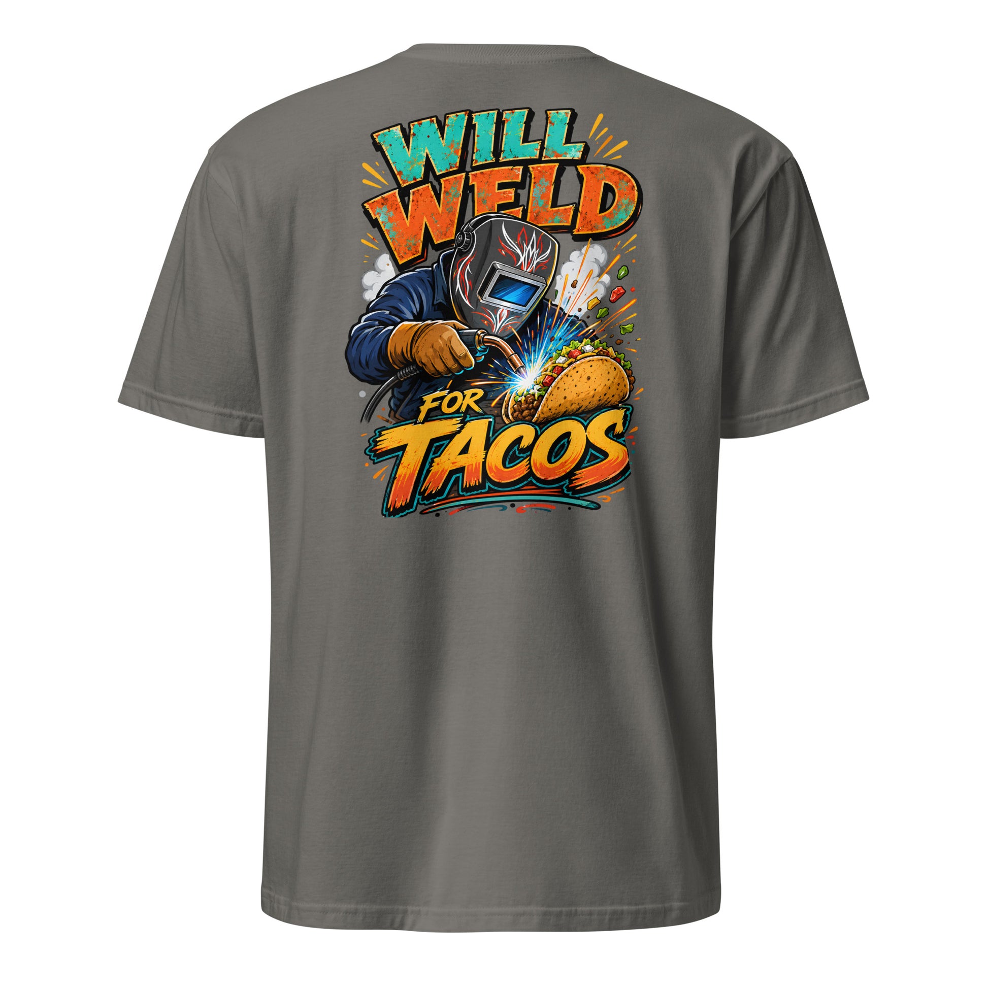 Will Weld For Tacos t-shirt — funny welder and fabricator humor charcoal tee on charcoal — Rod Shop Collective — Louisville, Kentucky
