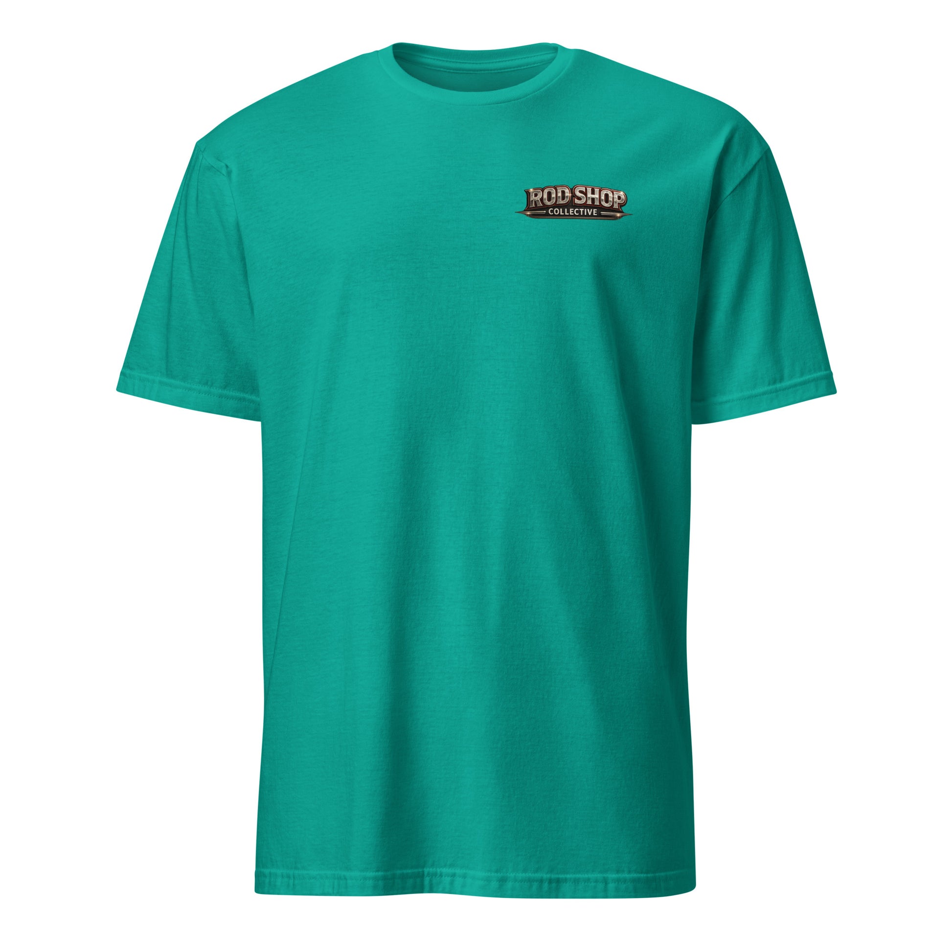 Will Weld For Tacos t-shirt — funny welder and fabricator humor charcoal tee front pocket design on green — Rod Shop Collective — Louisville, Kentucky