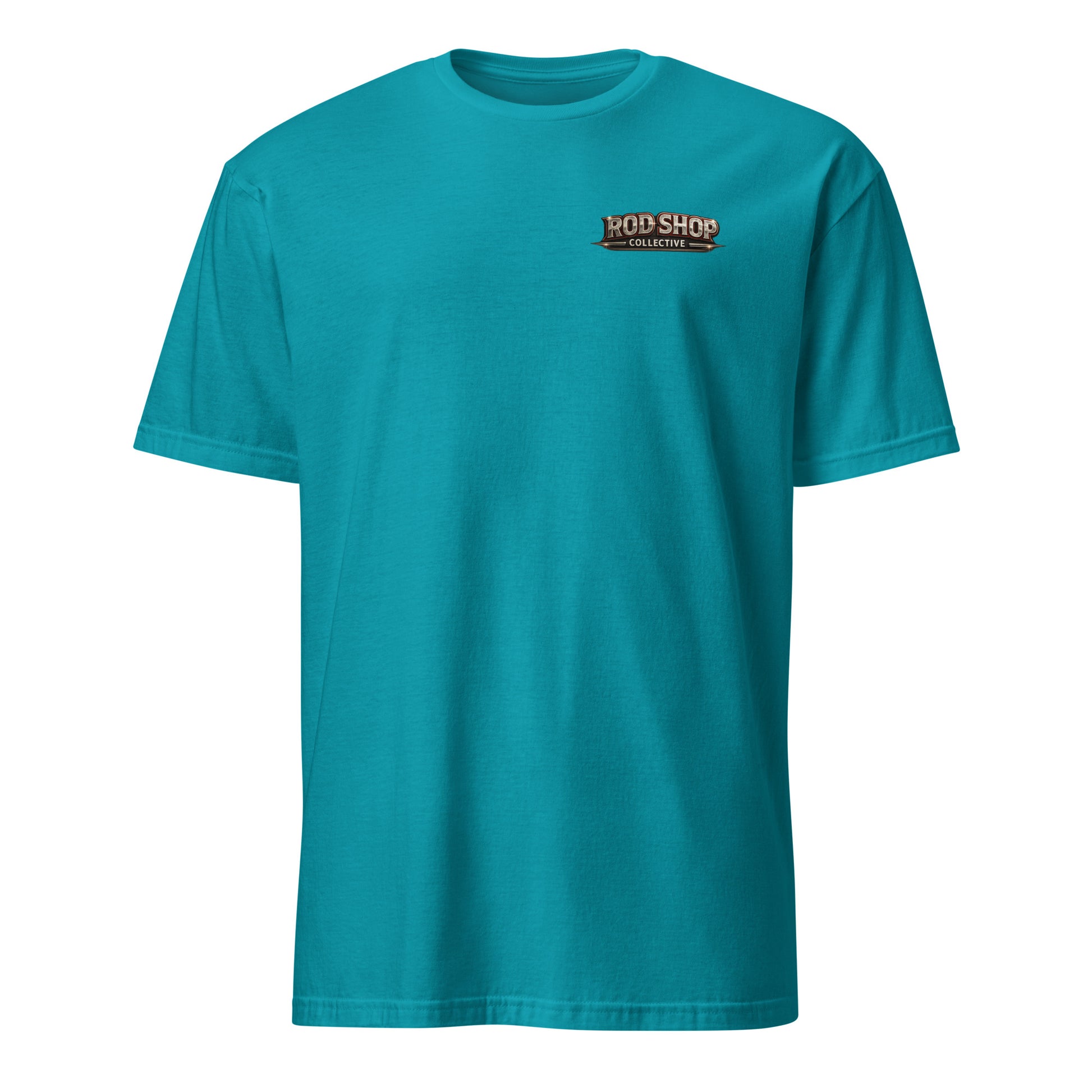 Will Weld For Tacos t-shirt — funny welder and fabricator humor charcoal tee front pocket design on teal — Rod Shop Collective — Louisville, Kentucky