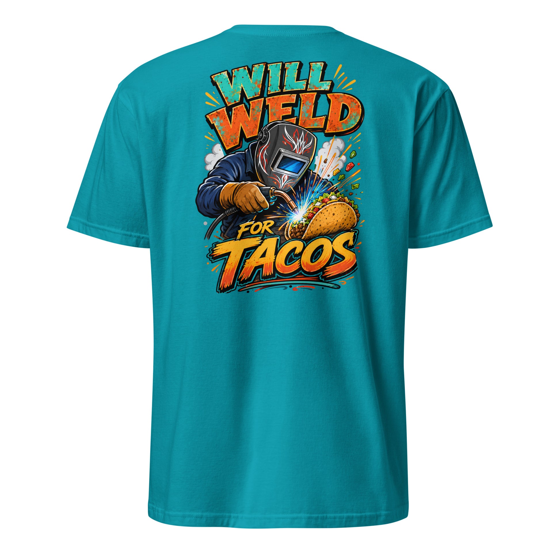Will Weld For Tacos t-shirt — funny welder and fabricator humor charcoal tee on teal — Rod Shop Collective — Louisville, Kentucky