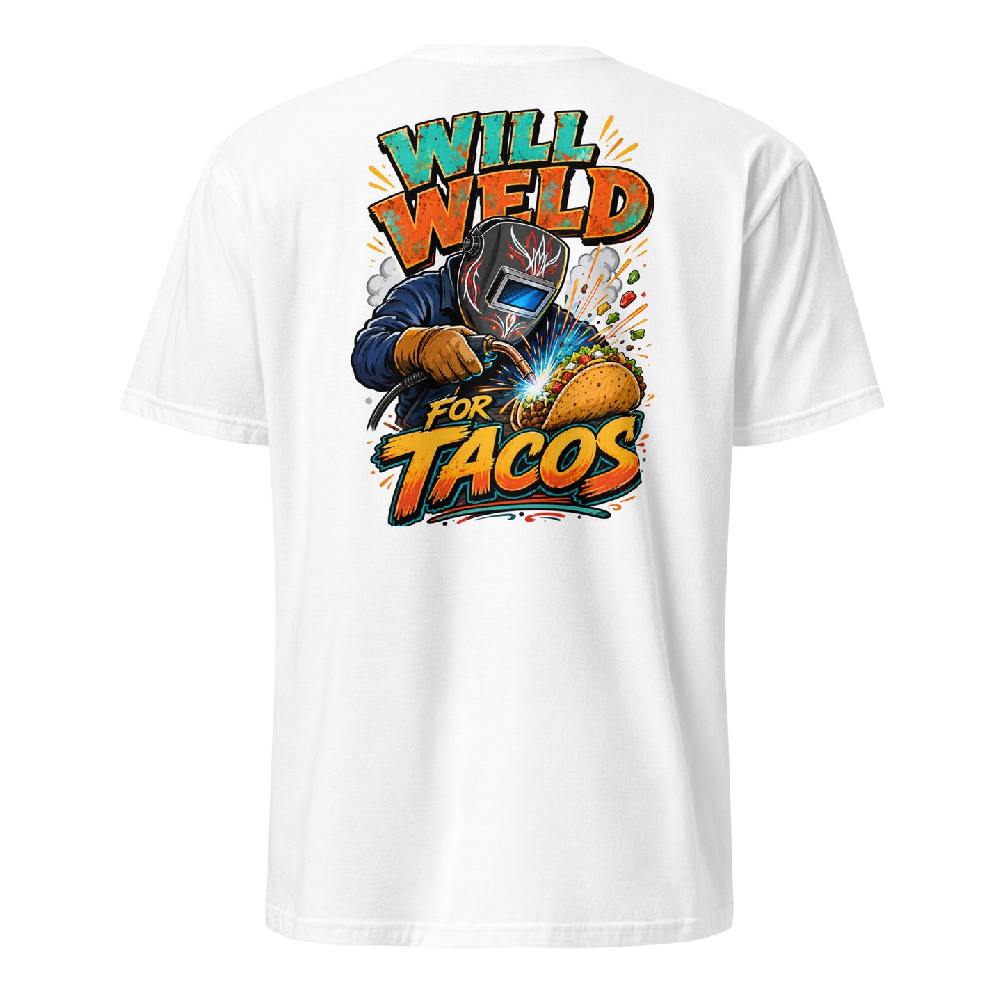 Will Weld For Tacos t-shirt — funny welder and fabricator humor charcoal tee on white — Rod Shop Collective — Louisville, Kentucky