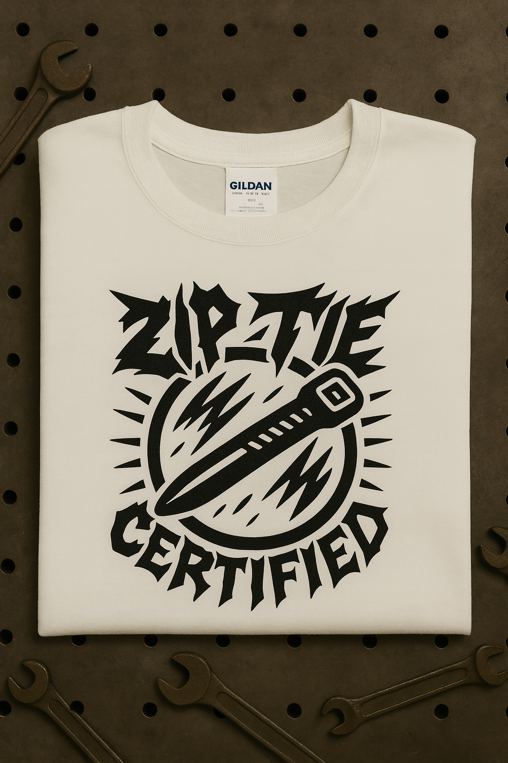 Zip Tie Certified mechanic humor t-shirt featuring bold shop graphics, automotive garage apparel hand screen printed in Louisville, Kentucky