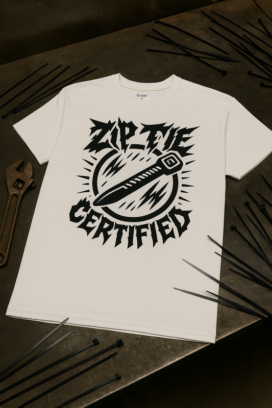 Zip Tie Certified graphic t-shirt for garage and automotive apparel, hand screen printed in Louisville, KY