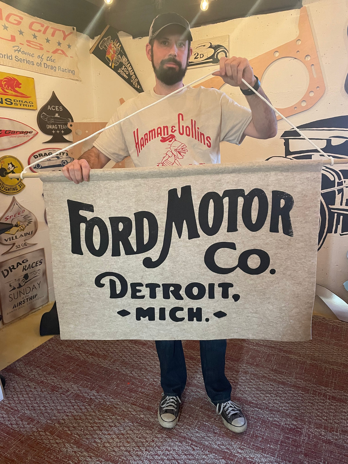 Genuine Ford Parts vintage felt banner — hand screen printed garage wall art — Hand Built collection by Rod Shop Collective — Louisville, Kentucky